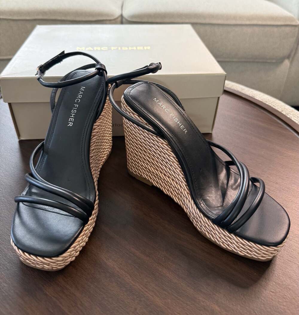Marc Fisher Zeki Women's Black Ankle Strap Espadrille Wedge Sandals